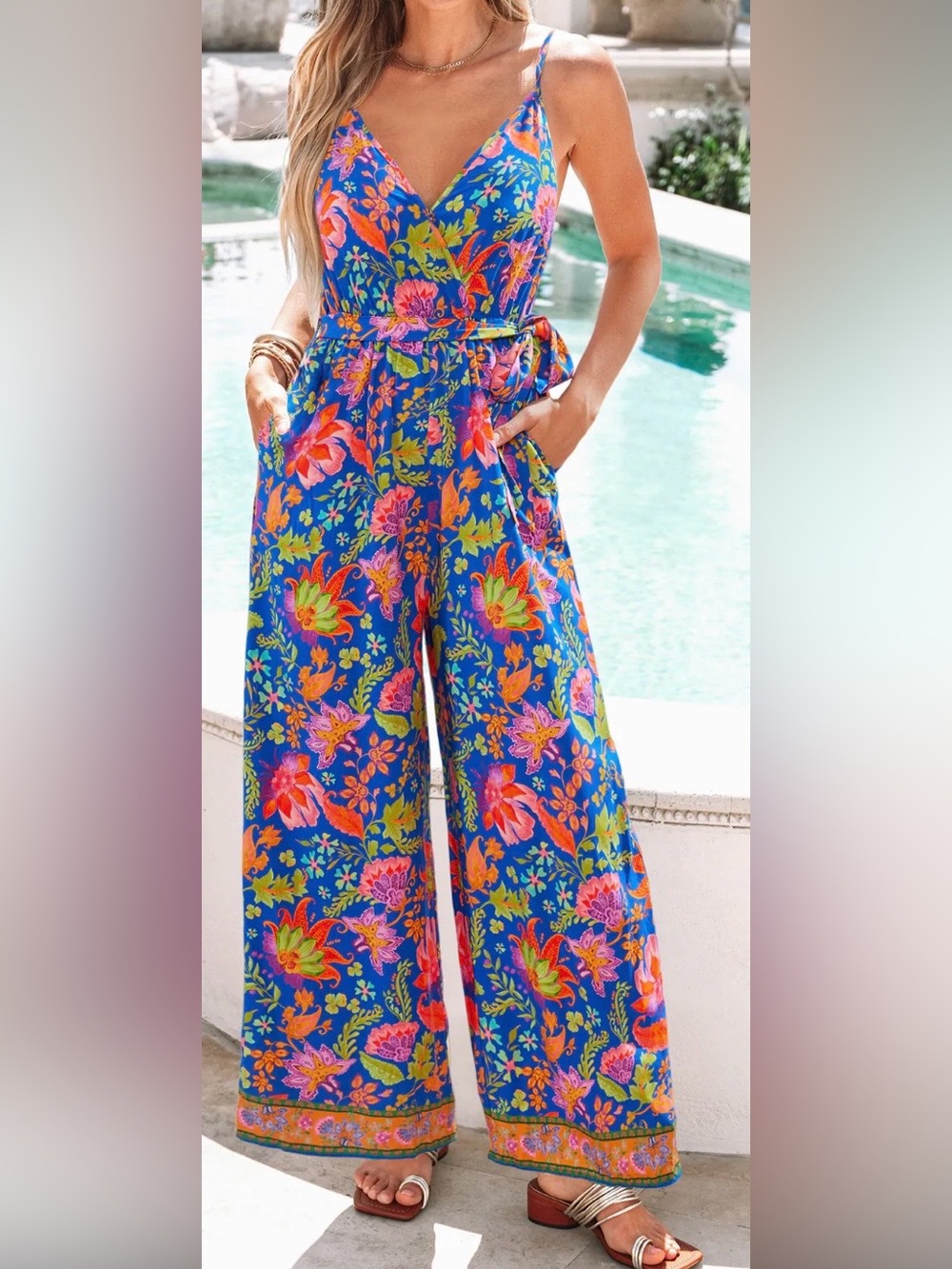 Cupshe Blue Floral Maxi Dress Spaghetti Straps V-Neck Summer Boho Size L